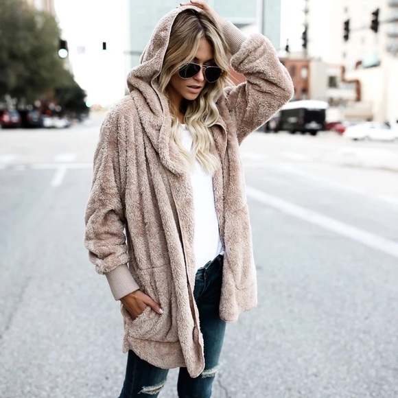 Tan Super Soft Cozy Pocket Hood Sherpa Lightweight Fleece Teddy Cardigan Coat - Picture 3 of 11